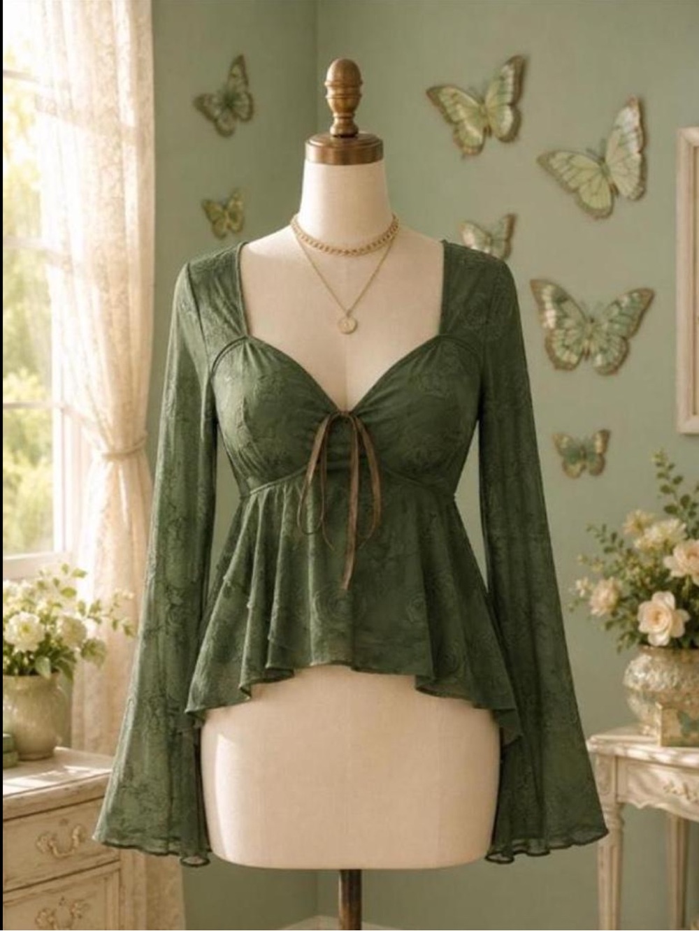 Fairycore Olive Green Lace Tie-Front Peplum Top - Women